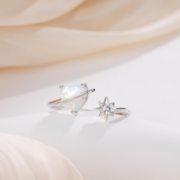 925 Sterling Silver Adjustable Heart Created Opal Ring - Picture 2 of 5